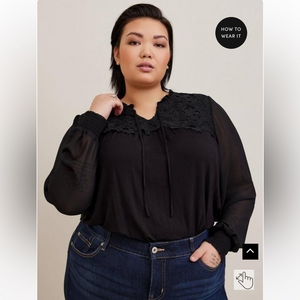New Torrid Super Soft Chiffon Sleeve‎ Lace Inset Tie Detail Top black size 2X